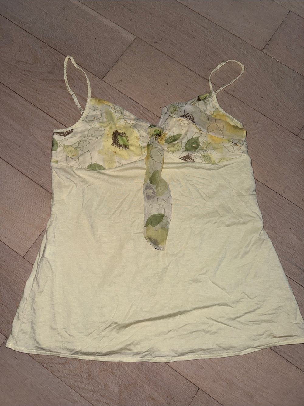 Express Light Yellow Floral Tie-Front Spaghetti Strap Tank Top